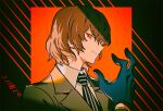 1boy adjusting_clothes adjusting_gloves akechi_gorou black_background black_gloves black_neckwear brown_hair brown_jacket commentary dated gloves hand_up haun jacket long_sleeves looking_at_viewer male_focus necktie persona persona_5 red_background red_eyes shirt short_hair simple_background smile smirk solo striped striped_background striped_neckwear upper_body white_neckwear white_shirt 