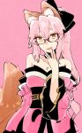  1girl animal_ear_fluff animal_ears bangs black_bow bow breasts cleavage detached_collar fate/extra fate/grand_order fate_(series) fox_ears fox_girl fox_tail glasses hair_between_eyes hair_bow highres japanese_clothes kimono koyanskaya_(fate) large_breasts long_hair looking_at_viewer naosuke_(morioka_shachuu) obi off_shoulder open_mouth pink_hair pink_kimono ponytail sash sidelocks smile solo tail tamamo_(fate) yellow_eyes 