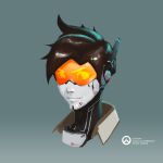  1girl absurdres android commission commissioner_upload cyberpunk cyborg face glowing glowing_eyes head highres joints lancevl mecha mecha_musume mechanical_parts mechanization metal_skin orange_eyes overwatch robot robot_ears robot_joints science_fiction screen shiny solo tracer_(overwatch) visor 