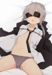  1girl arms_behind_back bed_sheet black_blindfold black_jacket black_neckwear blindfold bound bound_arms collared_shirt girls&#039;_frontline grey_hair highres jacket long_hair lying m200_(girls&#039;_frontline) navel necktie on_back open_clothes open_mouth open_shirt panties rope shirt solo spread_legs spring_oct underwear white_shirt 