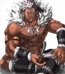  1boy abs bara bare_pectorals beard bellsaltr bracer brown_hair cape chest_hair crossed_legs dark-skinned_male dark_skin facial_hair feather_collar fur-trimmed_cape fur_collar fur_trim goatee hairy highres leg_hair long_sideburns looking_at_viewer male_focus mature_male multicolored_hair muscular muscular_male navel navel_hair nipples pectorals pointy_ears pubic_hair pubic_hair_peek revealing_clothes short_hair sideburns smile solo spiked_hair stomach tattoo tokyo_houkago_summoners tooth_necklace tribal_tattoo two-tone_hair white_hair white_tribe yellow_eyes 