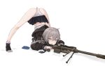  1girl absurdres arm_rest black_jacket black_skirt bolt_action cheytac_m200 eyebrows_visible_through_hair flexible girls&#039;_frontline grey_hair gun hands_on_ground highres jack-o&#039;_challenge jacket light_purple_eyes long_hair long_sleeves low_ponytail m200_(girls&#039;_frontline) meme miniskirt open_mouth panties pleated_skirt rifle sawkm scope skirt sniper_rifle sniper_scope solo top-down_bottom-up underwear weapon white_panties wide_spread_legs 