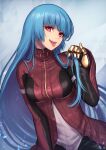  1girl bangs belt_collar blue_background blue_hair chaps collar cropped_jacket kula_diamond long_hair looking_at_viewer playing_with_own_hair re_(re_09) red_eyes solo teeth the_king_of_fighters tongue tongue_out 