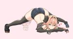  2boys arm_rest ass astolfo_(fate) back bangs black_bow black_gloves black_legwear blue_shorts blush bow braid braided_ponytail chibi commentary crop_top denim denim_shorts dimples_of_venus elbow_gloves fate/apocrypha fate_(series) flexible fujimaru_ritsuka_(male) gloves hair_bow hair_intakes heart heart-shaped_pupils highres jack-o&#039;_challenge long_hair looking_at_viewer meme multicolored_hair multiple_boys otoko_no_ko pink_background pink_hair purple_eyes riyo_(lyomsnpmp)_(style) short_shorts shorts simple_background sky-freedom smile solo_focus streaked_hair symbol-only_commentary symbol-shaped_pupils thighhighs top-down_bottom-up white_hair wide_spread_legs 