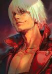  1boy closed_mouth dante_(devil_may_cry) devil_may_cry_(series) devil_may_cry_3 green_eyes hair_between_eyes hungry_clicker jacket looking_at_viewer male_focus no_shirt red_jacket smile smug solo upper_body white_hair 