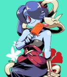  1girl 770mk alternate_costume blue_hair blue_skin colored_skin creature flat_chest floral_background food hair_over_one_eye happy leviathan_(skullgirls) popsicle red_eyes sitting skeletal_hand skullgirls smile solo squigly_(skullgirls) stitched_mouth stitches summer tagme tongue twitter_username zombie 