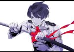  1boy ascot asogi_kazuma bangs closed_mouth dai_gyakuten_saiban dai_gyakuten_saiban_2 gloves gyakuten_saiban holding holding_sheath holding_sword holding_weapon jacket katana kuso_bba long_sleeves looking_away male_focus partially_colored red_neckwear scabbard sheath short_hair simple_background solo spoilers sword tsurime unsheathing upper_body weapon 