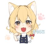 1girl animal_ears animal_hands bangs black_vest blonde_hair blush bow braid buttons cat_ears eyebrows_visible_through_hair eyes_visible_through_hair hair_between_eyes hair_bow hand_up jill_07km kirisame_marisa looking_at_viewer open_mouth puffy_short_sleeves puffy_sleeves red_bow shirt short_hair short_sleeves simple_background single_braid smile solo touhou vest white_background white_shirt white_sleeves yellow_eyes 