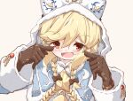  1girl :d bangs blonde_hair blue_capelet blush bow braid brown_background brown_bow brown_gloves capelet eyebrows_visible_through_hair girls&#039;_frontline gloves hair_between_eyes hair_bow hands_up hood hood_up hooded_capelet long_hair long_sleeves looking_at_viewer matsuo_(matuonoie) nagant_revolver_(girls&#039;_frontline) open_mouth red_eyes simple_background smile solo star_(symbol) twin_braids upper_body upper_teeth 