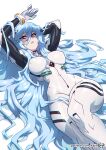  1girl arm_behind_head ayanami_rei blue_hair bodysuit hairpods hand_over_eye kajin_(kajinman) long_hair looking_at_viewer lying neon_genesis_evangelion on_back patreon_username pilot_suit red_eyes simple_background solo very_long_hair white_background white_bodysuit 