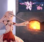  1girl absurdres animal_ears armpits bangs bare_shoulders blacksmith blue_eyes closed_mouth dress fire fox_ears furnace glowing_hot hair_between_eyes highres holding honkai_(series) honkai_impact_3rd katana long_hair looking_at_viewer looking_to_the_side nun peel_(tool) pink_hair qian_yi side_ponytail smile speech_bubble sword theresa_apocalypse theresa_apocalypse_(celestial_hymn) tongue tongue_out weapon welding white_dress white_hair white_sleeves x_x yae_sakura yae_sakura_(goushinnso_memento) 