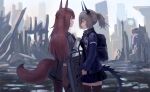  2girls absurdres animal_ears arknights backpack bag black_legwear black_shirt black_skirt blue_jacket brown_eyes brown_gloves brown_hair building chinese_commentary closed_mouth commentary_request cowboy_shot day dragon_horns dragon_tail elbow_gloves fox_ears fox_girl fox_tail franka_(arknights) gloves gun half_updo handgun highres holding holding_gun holding_shield holding_sword holding_weapon horns id_card jacket liskarm_(arknights) long_hair long_sleeves multiple_girls open_clothes open_jacket outdoors pantyhose pistol ponytail profile ruins serious shield shirt silver_hair skirt sky sword tail thighhighs weapon xiaoandap 