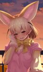  1girl :d absurdres animal_ear_fluff animal_ears bangs blonde_hair blush bow bowtie brown_eyes cloud commentary deku_suke elbow_gloves extra_ears eyebrows_visible_through_hair fennec_(kemono_friends) fox_ears gloves hair_between_eyes highres kemono_friends looking_at_viewer medium_hair open_mouth outdoors railing short_sleeves smile solo sunset upper_body yellow_neckwear 