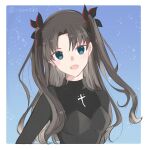  1girl :d bangs black_bow black_shirt blue_background blue_eyes border bow breasts brown_hair fate/extra fate/extra_record fate_(series) hair_between_eyes hair_bow hair_intakes highres long_hair looking_at_viewer open_mouth otamu33 shiny shiny_hair shirt small_breasts smile solo tohsaka_rin upper_body very_long_hair white_border 
