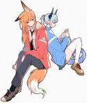  2girls animal_ears arknights black_legwear black_neckwear black_pants blue_hair blue_jacket brown_footwear chinese_commentary closed_mouth collared_shirt commentary_request dragon_horns dragon_tail eyebrows_visible_through_hair fox_ears fox_girl fox_tail franka_(arknights) grey_background highres holding holding_photo horns jacket liskarm_(arknights) long_hair long_sleeves multiple_girls necktie orange_hair pants photo_(object) ponytail profile red_eyes red_jacket school_uniform shirt shoes sitting socks tail thighhighs white_footwear white_legwear white_shirt xiao_lu 