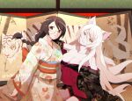  2girls absurdres animal_ears bakeneko bare_shoulders black_hair black_hanekawa braid breasts cat_ears cat_girl cleavage dual_persona fang fooring glasses hair_ornament hairclip hanekawa_tsubasa highres japanese_clothes kako_(monogatari) kimono large_breasts long_hair monogatari_(series) multiple_girls off_shoulder open_clothes purple_eyes sitting skin_fang slit_pupils twitter_username very_long_hair white_hair yellow_eyes 