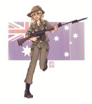  1girl :d absurdres australian_flag bayonet blonde_hair blue_eyes boots brown_footwear brown_shirt cigarette_pack gun highres holding holding_gun holding_weapon l1a1 looking_at_viewer military military_jacket military_uniform open_mouth original shirt short_hair sleeves_rolled_up smile solo standing standing_on_one_leg teeth uniform weapon white_background willy_pete 