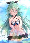  1girl absurdres artist_name baileys_(tranquillity650) bare_arms bare_legs bare_shoulders bikini black_bikini black_ribbon blue_eyes blush breasts choker cleavage closed_mouth cowboy_shot green_hair hair_between_eyes hair_ribbon highres huge_filesize kantai_collection long_hair medium_breasts navel one_eye_closed ponytail ribbon signature smile solo swimsuit twitter_username water water_drop white_choker yamakaze_(kancolle) 