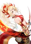  1girl bangs bare_shoulders blonde_hair blurry blurry_foreground bracelet breasts closed_mouth dual_wielding echidna_(p&amp;d) eyelashes fingernails gloves green_eyes hair_ornament holding holding_sword holding_weapon jewelry long_hair looking_up medium_breasts navel ponytail puzzle_&amp;_dragons say_hana simple_background single_glove solo standing sword thighhighs thighs weapon white_background 