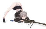  1girl absurdres arm_rest black_jacket black_skirt bolt_action cheytac_m200 eyebrows_visible_through_hair flexible girls&#039;_frontline grey_hair gun hands_on_ground highres holding holding_gun holding_weapon jack-o&#039;_challenge jacket light_purple_eyes long_hair long_sleeves low_ponytail m200_(girls&#039;_frontline) meme miniskirt open_mouth panties pleated_skirt rifle sawkm scope skirt sniper_rifle sniper_scope solo top-down_bottom-up underwear weapon white_panties wide_spread_legs 