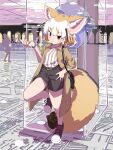  1girl :3 absurdres alternate_costume animal_ear_fluff animal_ears bag bangs bare_legs belt black_hair blonde_hair brown_eyes casual closed_mouth coat contemporary extra_ears eyebrows_visible_through_hair fennec_(kemono_friends) fox_ears fox_girl fox_tail full_body hand_up highres iwa_(iwafish) jewelry kemono_friends medium_hair multicolored_hair open_clothes open_coat pendant shirt shoes shorts shoulder_bag silhouette solo_focus standing standing_on_one_leg striped striped_shirt tail waiting watch white_hair wristwatch 