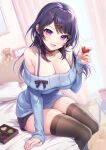  1girl bed black_choker black_legwear blue_sweater breasts candy chocolate chocolate_heart choker cleavage collarbone food gomashio_ponz hair_ornament hairclip heart indoors large_breasts long_sleeves looking_at_viewer on_bed open_mouth original purple_eyes purple_hair sitting smile stuffed_animal stuffed_toy sweater teddy_bear thighhighs 
