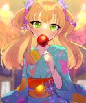  1girl blonde_hair blurry blush candy candy_apple collarbone covered_mouth depth_of_field eyebrows_visible_through_hair flower food glint green_eyes hair_flower hair_ornament highres holding holding_candy holding_food idolmaster idolmaster_cinderella_girls idolmaster_cinderella_girls_starlight_stage japanese_clothes jougasaki_rika kawahara_chisato kimono looking_at_viewer print_kimono solo summer_festival two_side_up upper_body yukata 