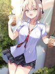  1girl absurdres alternate_costume asashin_(asn) black_bow black_skirt blonde_hair bow breasts bubble_tea collarbone cup disposable_cup drinking_straw fate/grand_order fate_(series) hair_bow highres holding holding_cup huge_filesize medium_breasts miniskirt necktie okita_souji_(fate) okita_souji_(fate)_(all) plaid plaid_skirt pleated_skirt red_neckwear school_uniform shirt short_sleeves skirt solo standing white_shirt yellow_eyes 