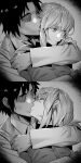  1boy 1girl absurdres closed_eyes faceless faceless_male fate/grand_order fate_(series) florence_nightingale_(fate) fujimaru_ritsuka_(male) greyscale hetero highres hug hug_from_behind hxd kiss kiss_from_behind monochrome short_hair 