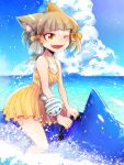  1girl animal_ears bangs blunt_bangs cat_ears chest_jewel dress_swimsuit hositd5i nia_(fancy_sundress)_(xenoblade) nia_(xenoblade) short_hair silver_hair solo swimsuit xenoblade_chronicles_(series) xenoblade_chronicles_2 yellow_eyes yellow_swimsuit 