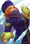  1girl blonde_hair blue_eyes blue_headwear blue_jacket breasts cowboy_shot fur_hat gloves hat hungry_clicker jacket kolin long_sleeves looking_at_viewer medium_breasts mittens official_alternate_costume purple_scarf red_skirt scarf scarf_over_mouth skirt solo street_fighter street_fighter_v upper_body winter_clothes yellow_gloves 