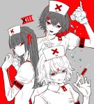  3boys :d :q armband awara_kayu bangs black_armband blunt_bangs bottle commentary_request crossdressing from_side gloves grey_background hair_between_eyes hair_ribbon hat holding holding_bottle holding_syringe looking_at_viewer multiple_boys multiple_persona nurse nurse_cap open_mouth otoko_no_ko pill puffy_short_sleeves puffy_sleeves red_armband red_background red_eyes red_ribbon ribbon roman_numeral short_hair short_sleeves simple_background smile stitches suzuya_juuzou syringe tokyo_ghoul tokyo_ghoul:re tongue tongue_out upper_body upper_teeth 