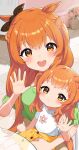  2girls animal_ears blush buttons dual_persona green_shirt highres horse_ears horse_girl horse_tail inuyama_nanami long_hair looking_at_viewer mayano_top_gun_(umamusume) mother_and_daughter multiple_girls open_mouth orange_eyes orange_hair orange_skirt pleated_skirt polka_dot_skirt shirt short_sleeves sitting skirt smile tail two_side_up umamusume upper_teeth white_shirt 