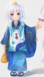  1girl :o animal_on_head bag bangs blue_footwear blue_hair blue_kimono blunt_bangs blush colored_inner_hair commentary_request eyebrows_visible_through_hair full_body highres holding holding_bag holding_finger japanese_clothes kimono lize_helesta long_hair long_sleeves looking_at_viewer multicolored_hair nenehotoso nijisanji on_head out_of_frame print_kimono purple_eyes sandals sebastian_piyodore sidelocks solo_focus standing starry_sky_print streaked_hair tabi two_side_up virtual_youtuber white_hair white_legwear wide_sleeves younger 