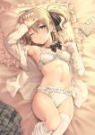  1girl amerika_juu_pan aqua_eyes arm_up armpits bare_shoulders bed_sheet bow bowtie bra breasts brown_hair frilled_bra frilled_panties frills hair_ribbon hand_up highres long_sleeves looking_at_viewer lying medium_hair navel on_back one_eye_closed one_side_up open_clothes open_shirt original panties parted_lips pillow plaid plaid_skirt pleated_skirt ribbon shirt skirt skirt_removed small_breasts solo stomach thighhighs underwear white_bra white_legwear white_shirt 
