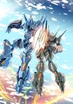  brain_powered cloud floating highres hime_brain holding holding_sword holding_weapon looking_at_viewer mecha nelly_brain no_humans open_hand sakusakusakurai science_fiction sky sword visor weapon 