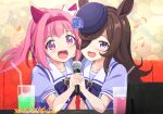  2girls animal_ears black_headwear bow brown_hair commentary_request couch cup drink drinking_glass drinking_straw face-to-face flower flower-shaped_pupils flower_in_eye food french_fries hair_bow hair_intakes hair_over_one_eye haru_urara_(umamusume) hat hat_flower headband holding holding_hands holding_microphone horse_ears horse_girl indoors karaoke kayama_kenji long_hair microphone multiple_girls music musical_note open_mouth pink_eyes pink_hair ponytail purple_eyes purple_shirt ribbon rice_shower_(umamusume) rose school_uniform serafuku shirt short_sleeves singing sitting smile symbol-shaped_pupils symbol_in_eye table tablet_pc umamusume upper_body 