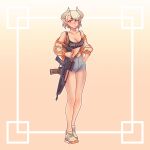  1girl absurdres black_shirt blonde_hair breasts cleavage closed_mouth denim denim_shorts gun h&amp;k_xm8 hand_on_hip highres holding holding_gun holding_weapon horns jacket looking_at_viewer orange_background orange_eyes orange_footwear orange_jacket original pointy_ears shirt shoes short_hair shorts sleeveless sneakers solo standing thick_eyebrows weapon willy_pete 
