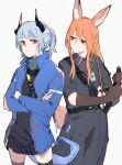  2girls animal_ear_fluff animal_ears arknights belt black_dress black_legwear black_shirt black_skirt blue_hair blue_jacket brown_gloves chinese_commentary closed_mouth commentary_request cowboy_shot crossed_legs dragon_girl dragon_horns dragon_tail dress elbow_gloves electricity eyebrows_visible_through_hair fox_ears fox_girl fox_tail franka_(arknights) gloves green_scarf grey_background highres holding holding_sword holding_weapon horns id_card jacket liskarm_(arknights) long_hair long_sleeves looking_at_another multiple_girls ponytail red_eyes scarf shirt simple_background skirt smile sweatdrop sword tail thighhighs weapon xiao_lu 