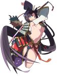  1girl absurdres armor arms_up asymmetrical_clothes asymmetrical_sleeves bangs black_hair blue_panties blush breast_curtains breasts commentary_request detached_sleeves fate/grand_order fate_(series) feather_hair_ornament feathers hair_ornament highres holding holding_sword holding_weapon japanese_armor japanese_clothes katana kometsubu kusazuri long_hair looking_at_viewer medium_breasts mismatched_sleeves multicolored multicolored_eyes navel panties parted_bangs pom_pom_(clothes) purple_sleeves rainbow_eyes revealing_clothes shaded_face sheath shoulder_armor side_ponytail sidelocks simple_background single_pantsleg smile sode solo sword tail tassel underboob underwear unsheathing ushiwakamaru_(fate) very_long_hair weapon white_background white_sleeves wide_sleeves 