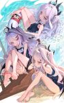  ahoge bangs blue_archive breasts demon_horns ecien highres hina_(blue_archive) horns long_hair low_wings multiple_horns name_tag old_school_swimsuit parted_bangs purple_eyes purple_horns school_swimsuit small_breasts swimsuit white_hair wings 