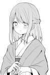  1girl blush braid character_request chiune_(yachi) closed_mouth greyscale hair_over_one_eye highres japanese_clothes kimono long_sleeves monochrome obi sash simple_background smile solo tsumugu_otome_to_taishou_no_tsuki upper_body white_background wide_sleeves 