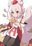  1girl :t animal_ear_fluff animal_ears bangs bare_shoulders black_skirt blush commentary_request eating eyebrows_visible_through_hair feet_out_of_frame food food_on_face hair_between_eyes hands_up hat highres inubashiri_momiji kochi_michikaze leaf long_sleeves looking_down maple_leaf pom_pom_(clothes) red_eyes red_headwear shirt short_hair simple_background skirt solo tail tokin_hat touhou white_background white_hair white_shirt wide_sleeves wolf_ears wolf_tail 