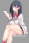  1girl ass black_hair cellphone jacket legs_crossed long_hair phone pleated_skirt red_legwear rib:y(uhki) school_uniform skirt smartphone socks solo ssss.gridman takarada_rikka 