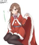  1girl alternate_costume arashio_(kantai_collection) black_legwear brown_eyes brown_hair cape dated dress feet_out_of_frame fur-trimmed_cape fur_trim kantai_collection long_hair long_sleeves looking_at_viewer meguru_(megurunn) pantyhose red_cape red_dress simple_background sitting smile solo twitter_username white_background yokozuwari 