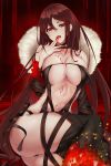  1girl bangs black_dress blood blood_from_mouth blood_on_breasts breasts brown_hair center_opening choker cleavage collarbone consort_yu_(fate) cyicheng dress earrings fate/grand_order fate_(series) finger_to_mouth fur_trim hair_between_eyes jewelry large_breasts long_hair looking_at_viewer navel open_mouth red_eyes sitting solo strapless strapless_dress thighhighs thighs very_long_hair 