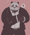  2018 anthro blush clothed clothing garouzuki humanoid_hands japanese_text male mammal overweight overweight_male panda pants pink_background scar shirt simple_background solo text ursine 