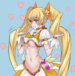  1girl :d areola_slip areolae blue_background blush bow bowtie breasts choker cropped_shirt cure_sunshine earrings hair_bow hands_up heart heart-shaped_pupils heartcatch_precure! highres honjou_raita jewelry long_hair maebari magic_circle medium_breasts myoudouin_itsuki navel open_mouth orange_bow orange_choker orange_eyes precure puffy_short_sleeves puffy_sleeves sanpaku shirt short_sleeves simple_background smile solo standing symbol-shaped_pupils twintails underboob very_long_hair white_shirt wristband yellow_neckwear 
