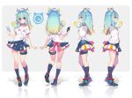  1girl ahoge animal_ear_fluff animal_ears blonde_hair blue_eyes blue_footwear blue_hair blue_legwear blue_skirt cellphone closed_mouth commentary concept_art contrapposto english_commentary gradient_hair holding holding_phone hong_(white_spider) indie_virtual_youtuber lanmewko looking_at_viewer miniskirt multicolored_hair multiple_views phone prehensile_hair shirt shoes short_sleeves skirt smartphone smile socks white_shirt 