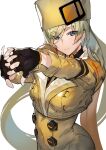  1girl ashiomi_masato blonde_hair blue_eyes breasts closed_mouth fingerless_gloves fur_hat gloves guilty_gear guilty_gear_strive hat long_hair looking_at_viewer millia_rage simple_background smile solo very_long_hair white_background 